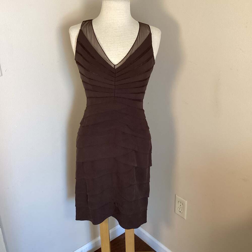 Chetta B Sherrie Bloom Peter Noviello Brown Tiered Cocktail Dress with Sheer Mes